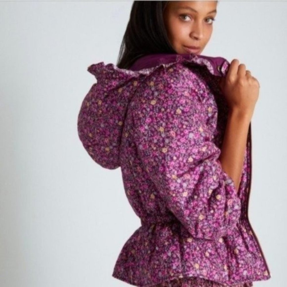 LoveShackFancy purple pink floral Modena cherry wine puffer hooded jacket